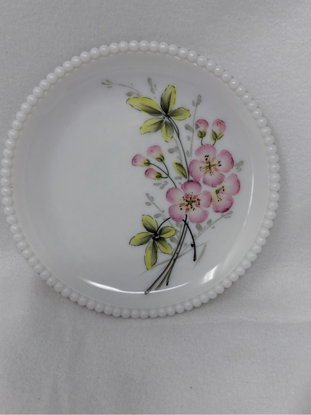 Vintage Westmoreland Milk Glass Hobnail Plate with Pink Blossom